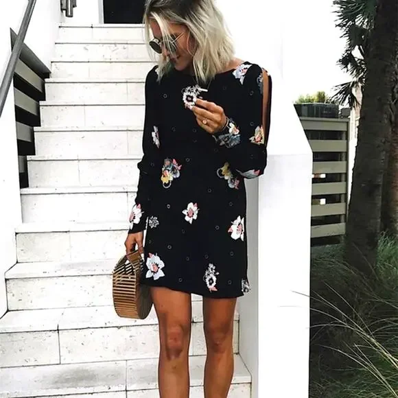 Free People Sunshadows Slit Sleeve Mini Dress Black Combo 4 - Picture 6 of 16